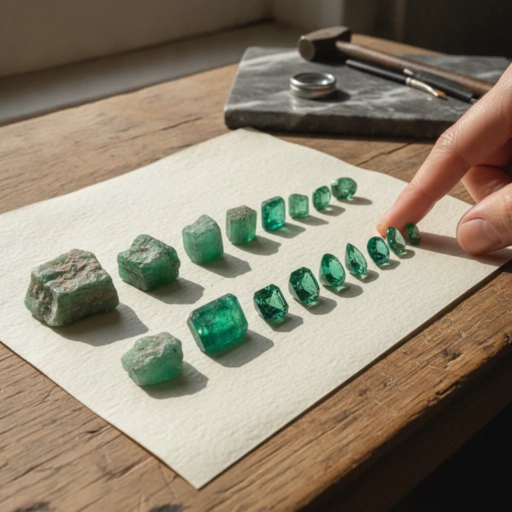 Rough emerald crystals beside cut emeralds, the material as it comes from origin