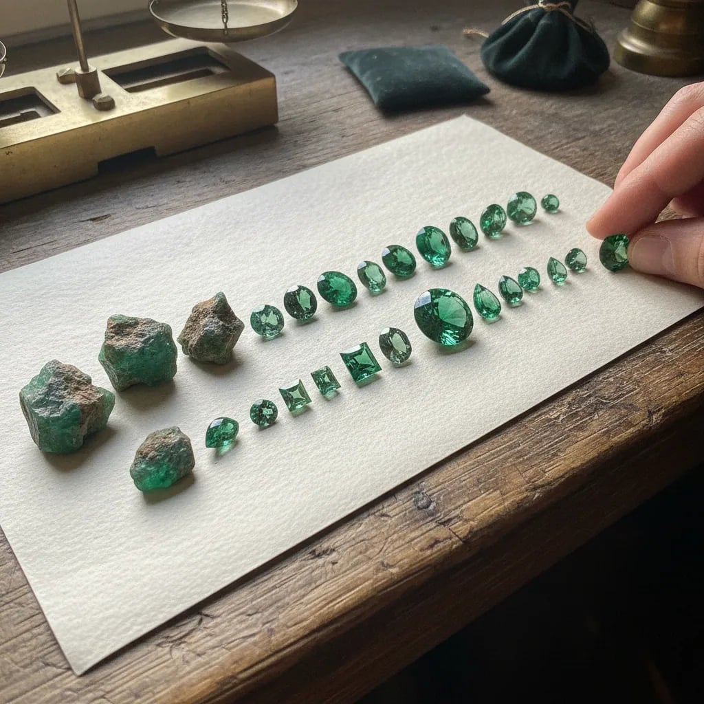Emerald quality range from rough to fine cut stones on gem paper