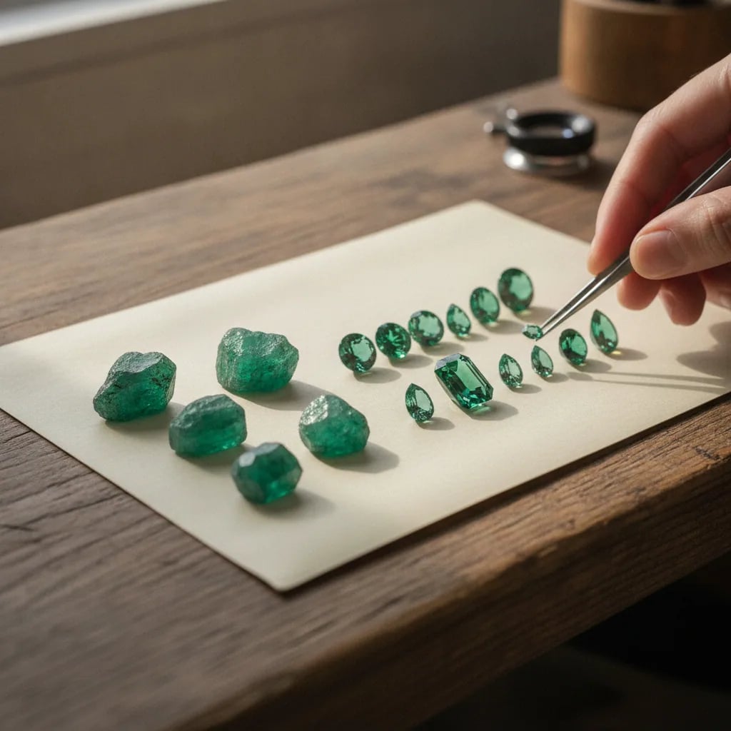 Emeralds from rough crystals to cut stones in natural light