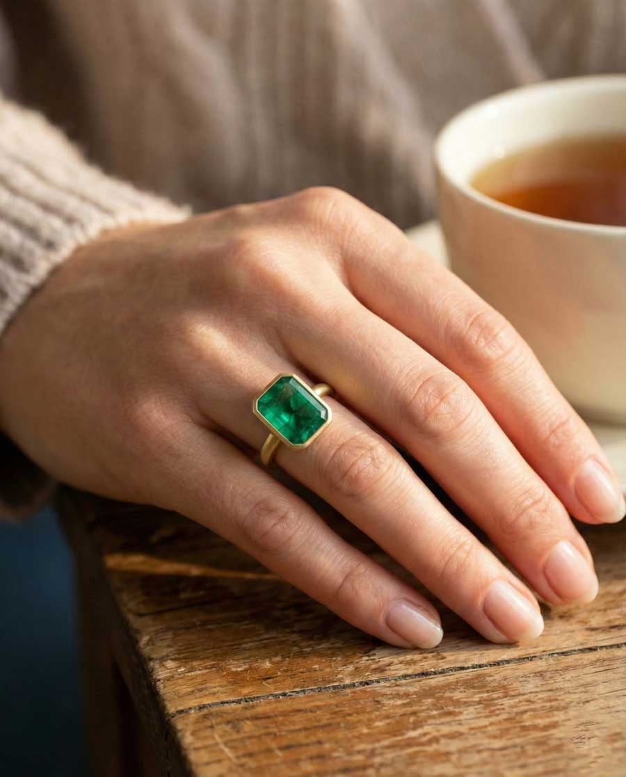 Bezel-set emerald engagement ring on hand showing protective setting design with 45-degree angle composition