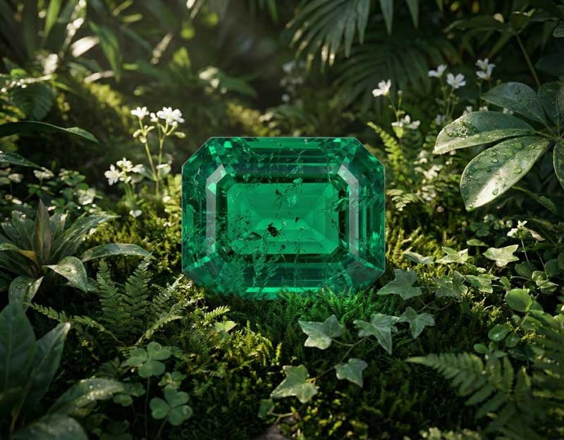 Macro photograph showing emerald jardin inclusions with three-phase inclusions and mineral crystals characteristic of natural emeralds