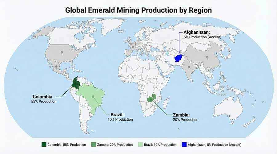 Clean world map infographic showing major emerald mining regions with Colombia, Zambia, Brazil, and Afghanistan highlighted with production percentages