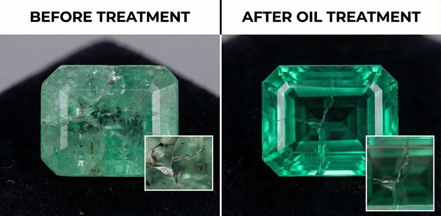 Side-by-side comparison showing same emerald before and after oil treatment with clear labels and vertical divider