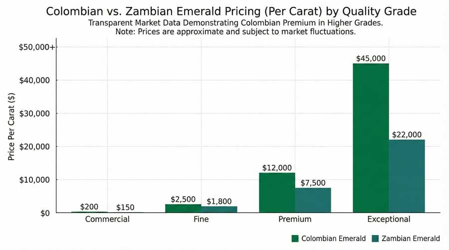 Comparison chart showing Colombian versus Zambian emerald pricing across commercial, fine, premium, and exceptional quality grades with grouped bar chart format