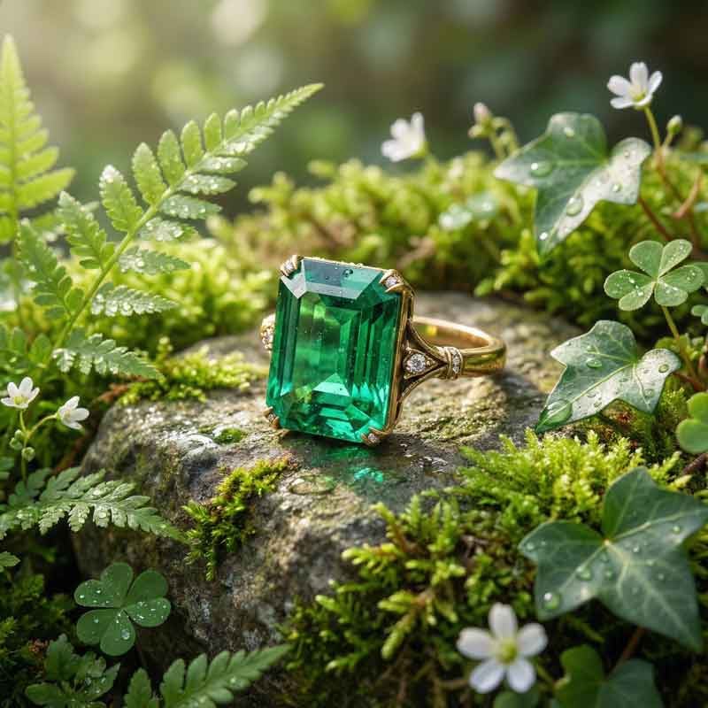 Elegant emerald ring surrounded by spring botanical elements—fresh leaves, moss, morning dew—on natural stone surface