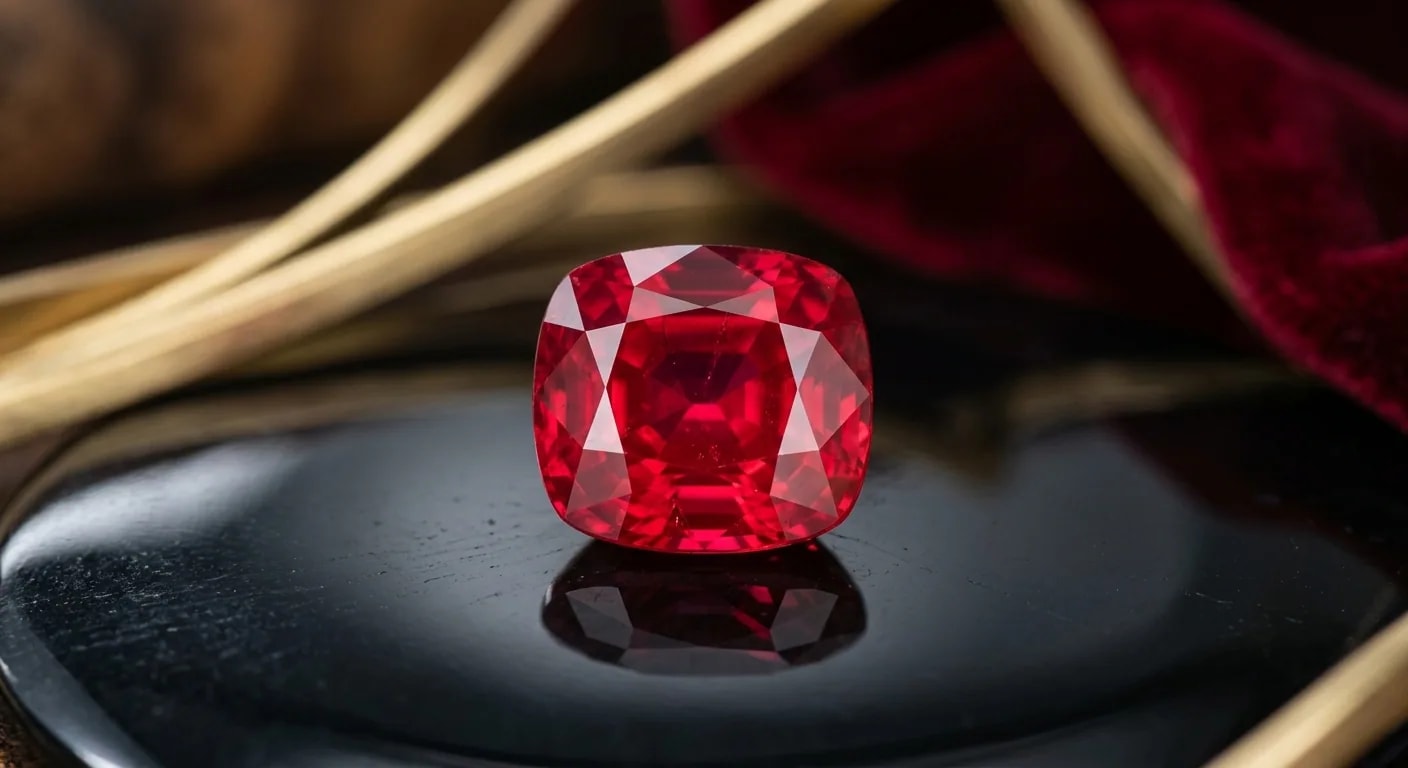 A natural ruby crystal held in hand under raking light, its deep chromium red and internal silk marking a real, earth-mined corundum stone.