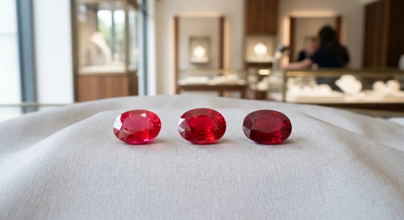 Three natural rubies showing different color grades from vivid pigeon's blood red to lighter pinkish-red and darker purplish-red tones.