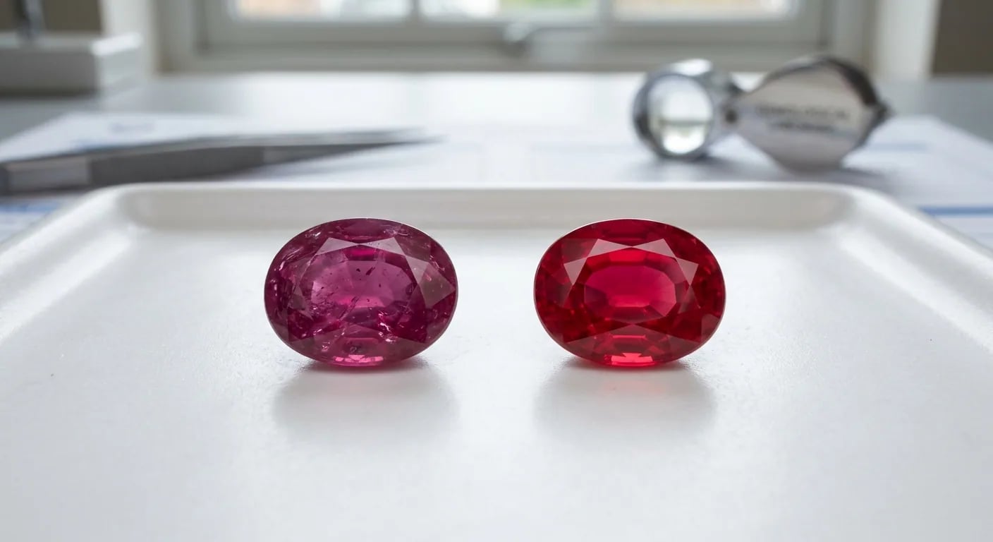 Side-by-side natural rubies, one untreated and one heat-treated, showing the subtle difference in color clarity achieved through traditional heating methods.