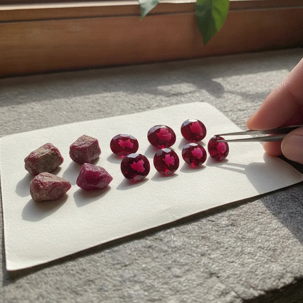 Rough and cut natural rubies on a stone card for identification