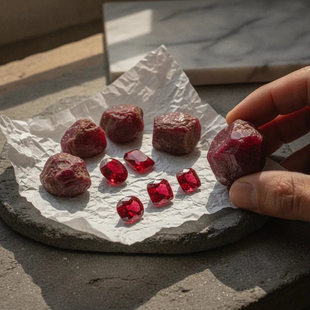 Rough and cut natural rubies laid out on gem paper, showing origin material