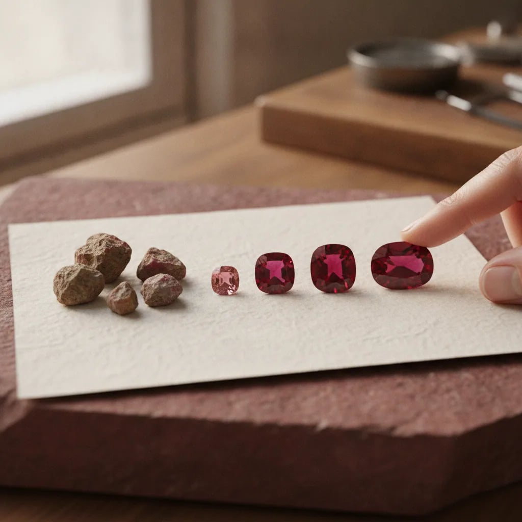 Ruby quality range from rough to fine cut stones, the spread that drives price