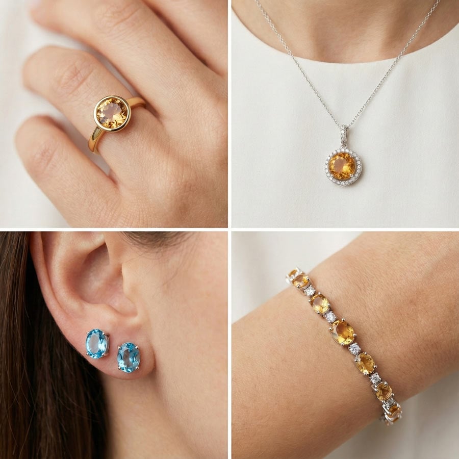 شبكة 2x2 تعرض خاتم سوليتير توباز إمبريال، قلادة سيترين بهالة، أقراط توباز أزرق، وسوار تنس سيترين