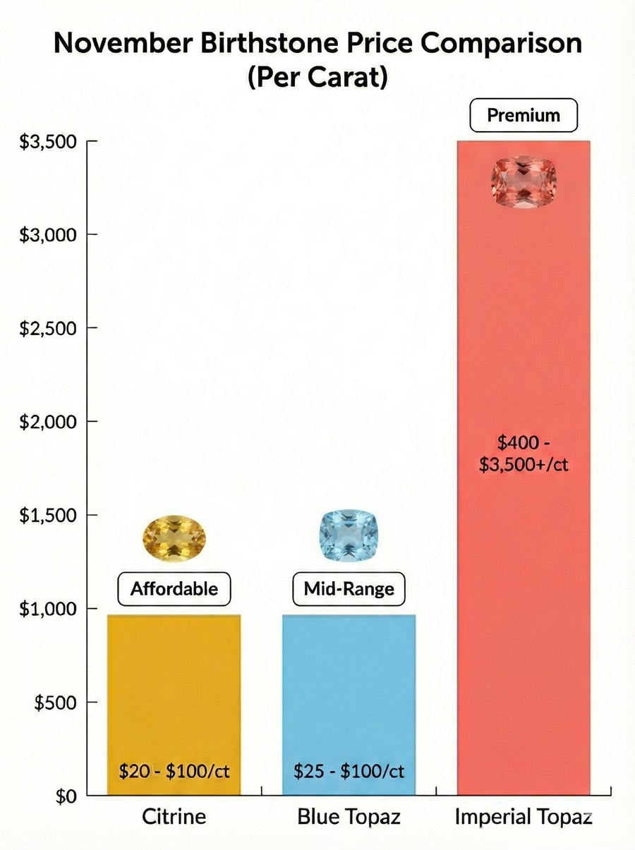 مخطط شريطي عمودي يقارن النطاقات السعرية للقيراط: السيترين ($20-$100/قيراط)، التوباز الأزرق ($25-$100/قيراط)، التوباز الإمبريال ($400-$3,500+/قيراط)