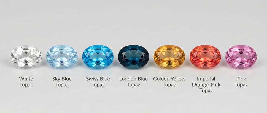 عرض طيفي أفقي يوضح 7 أنواع من التوباز بقصات بيضاوية: التوباز الأبيض عديم اللون، الأزرق السماوي، الأزرق السويسري، الأزرق اللندني، الأصفر الذهبي، الإمبريال البرتقالي الوردي، والتوباز الوردي