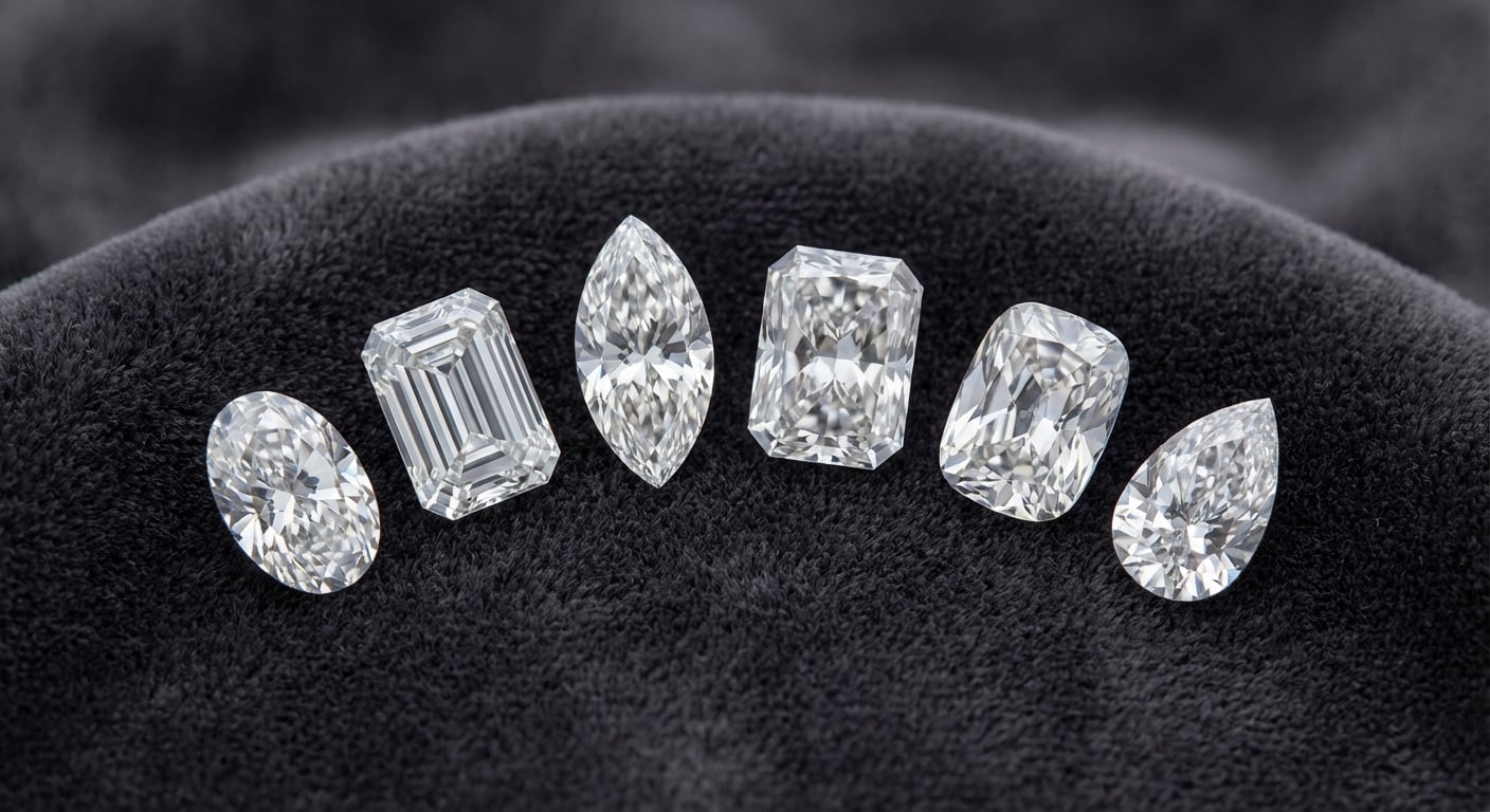 长形钻石的视觉指南,展示松散的椭圆形、祖母绿形、马眼形、雷迪恩形、枕形和梨形钻石。