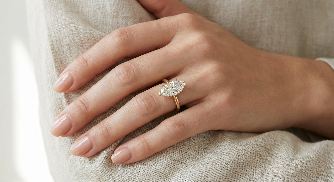 A woman's elegant hand wearing a long oval engagement ring, demonstrating the finger-slimming and flattering effect of the oblong shape.