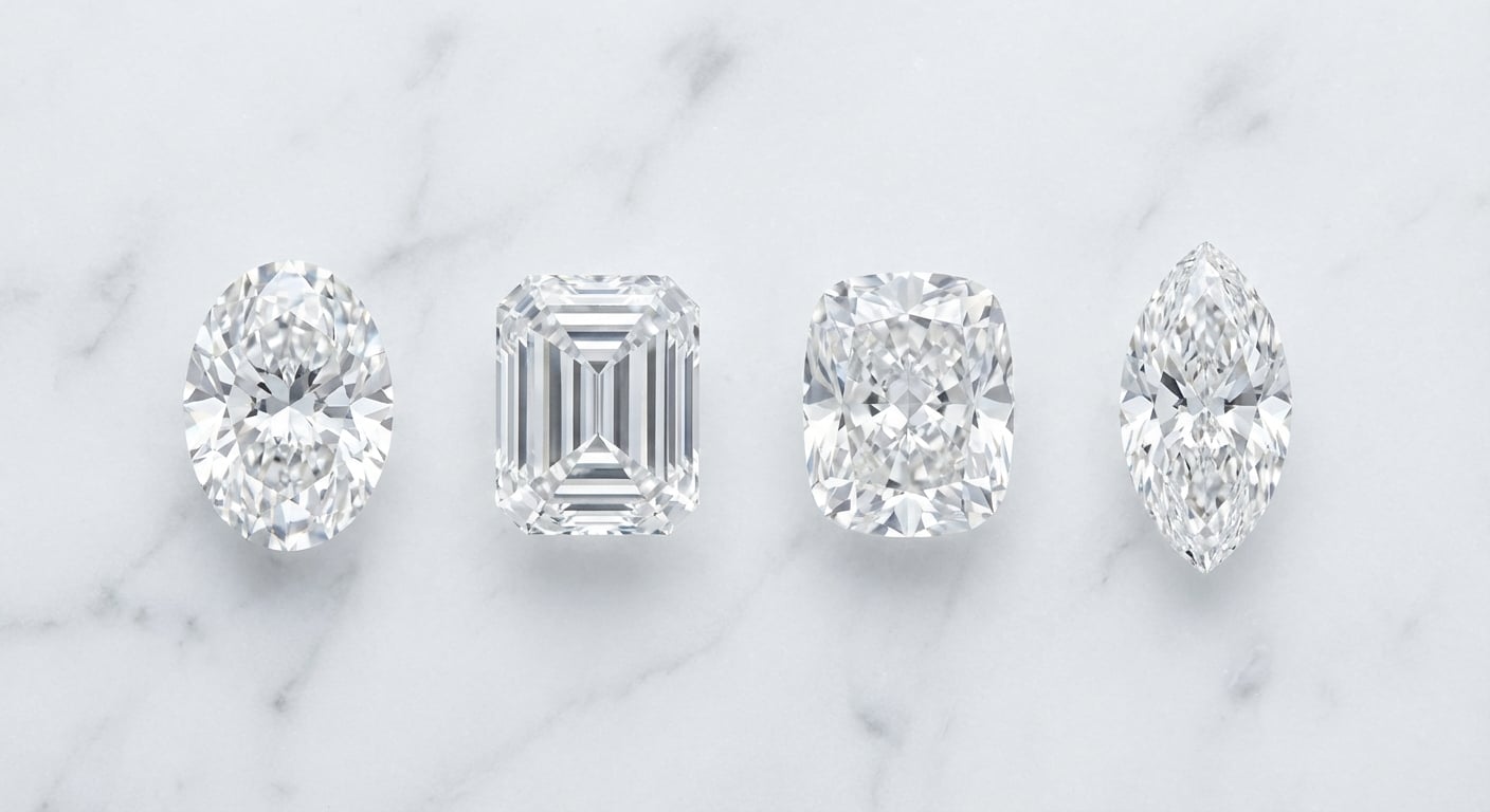 A side-by-side comparison of four popular oblong diamond shapes: Oval, Emerald, Elongated Cushion, and Marquise, laid out on a marble surface.