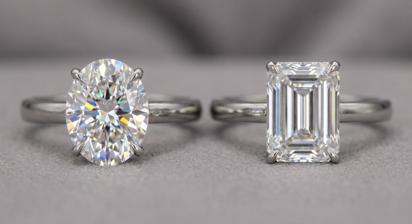 椭圆形切割钻石火彩与祖母绿形切割钻石镜厅效果的特写对比,展示不同长形风格。