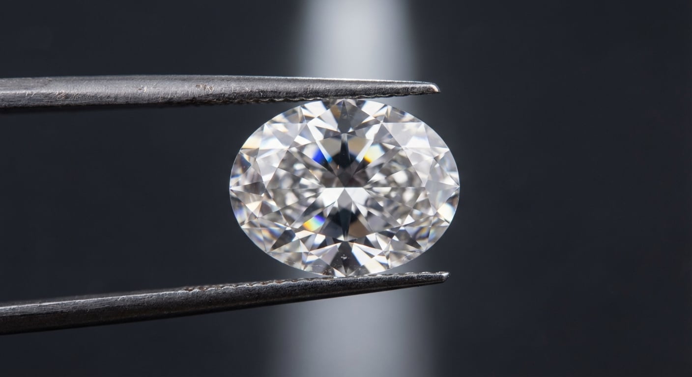 An extreme close-up of a perfectly cut long oval diamond, highlighting its ideal length-to-width ratio and minimal bow-tie effect.