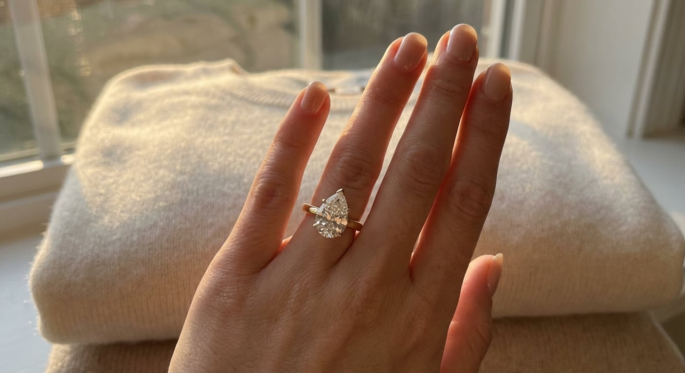 一位优雅女士的手佩戴修饰的梨形长形订婚戒指,展示钻石形状的显瘦手指效果。