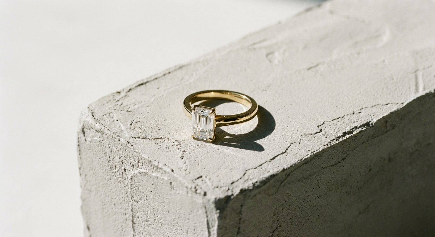 A chic and modern emerald cut engagement ring set in a unique East-West orientation on a simple gold band.