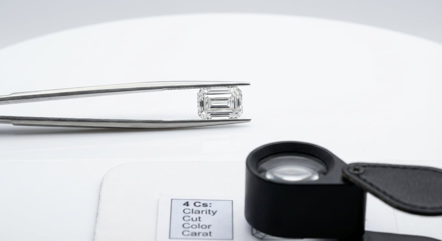 宝石学家用镊子检查高净度祖母绿形切割钻石的专业视角,象征长形钻石品质因素的重要性。