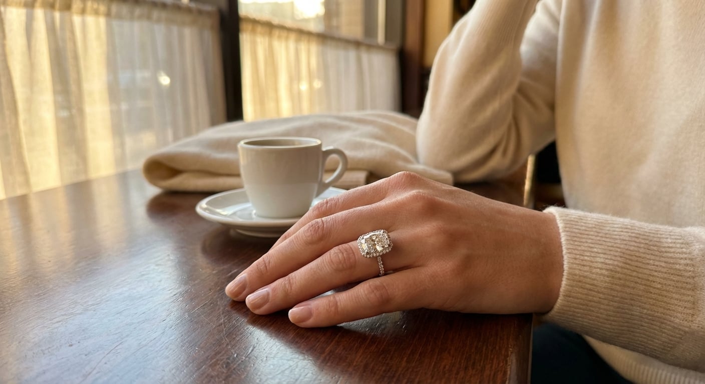 A beautiful woman's hand wearing a curated Joalys elongated cushion cut engagement ring with a halo setting, in a sophisticated lifestyle setting.