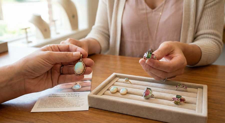 女性在蛋白石戒指和碧玺戒指之间进行选择