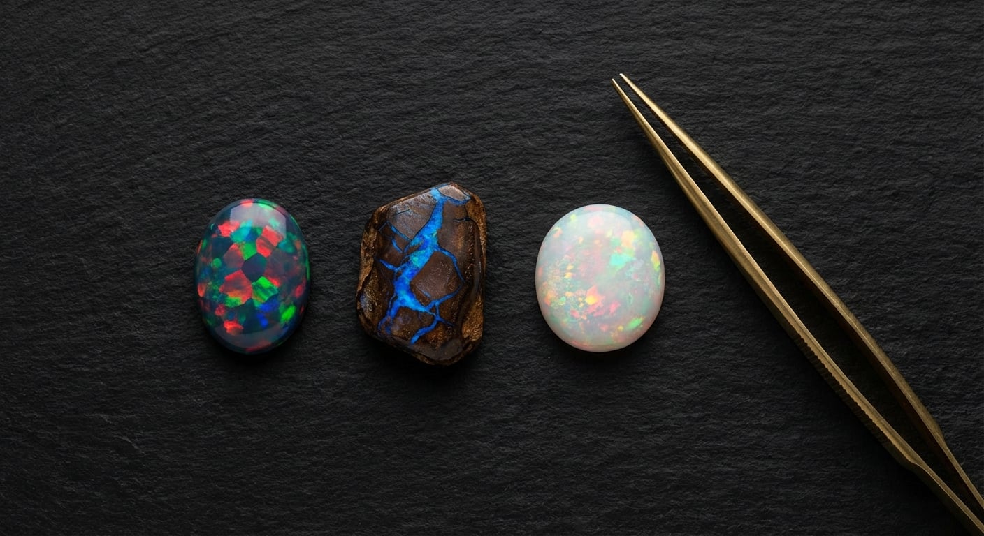 A gemologist's tray displaying different types of opals, from black to white, illustrating the body tone and pattern concepts from an expert opal value guide.