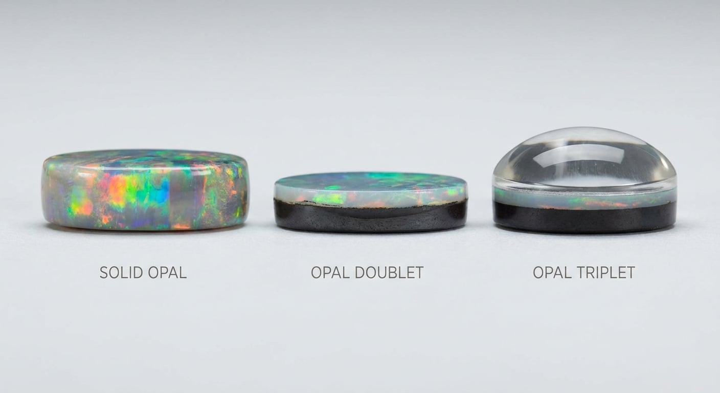 A clear, side-profile diagram showing the layers of a solid opal versus an opal doublet and triplet to help buyers spot fakes.