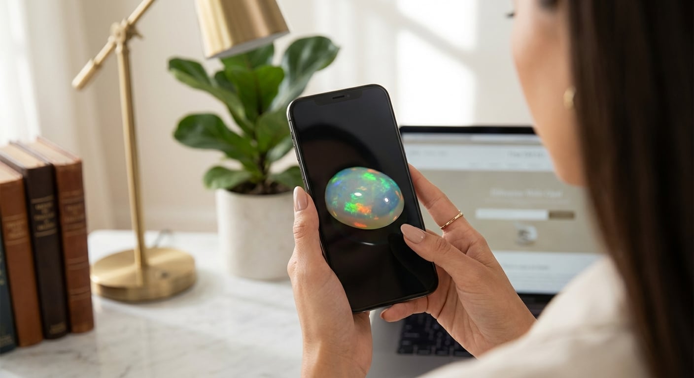 A person using a smartphone to watch a video of an opal, demonstrating how to vet gemstones online as advised in the opal buying guide.