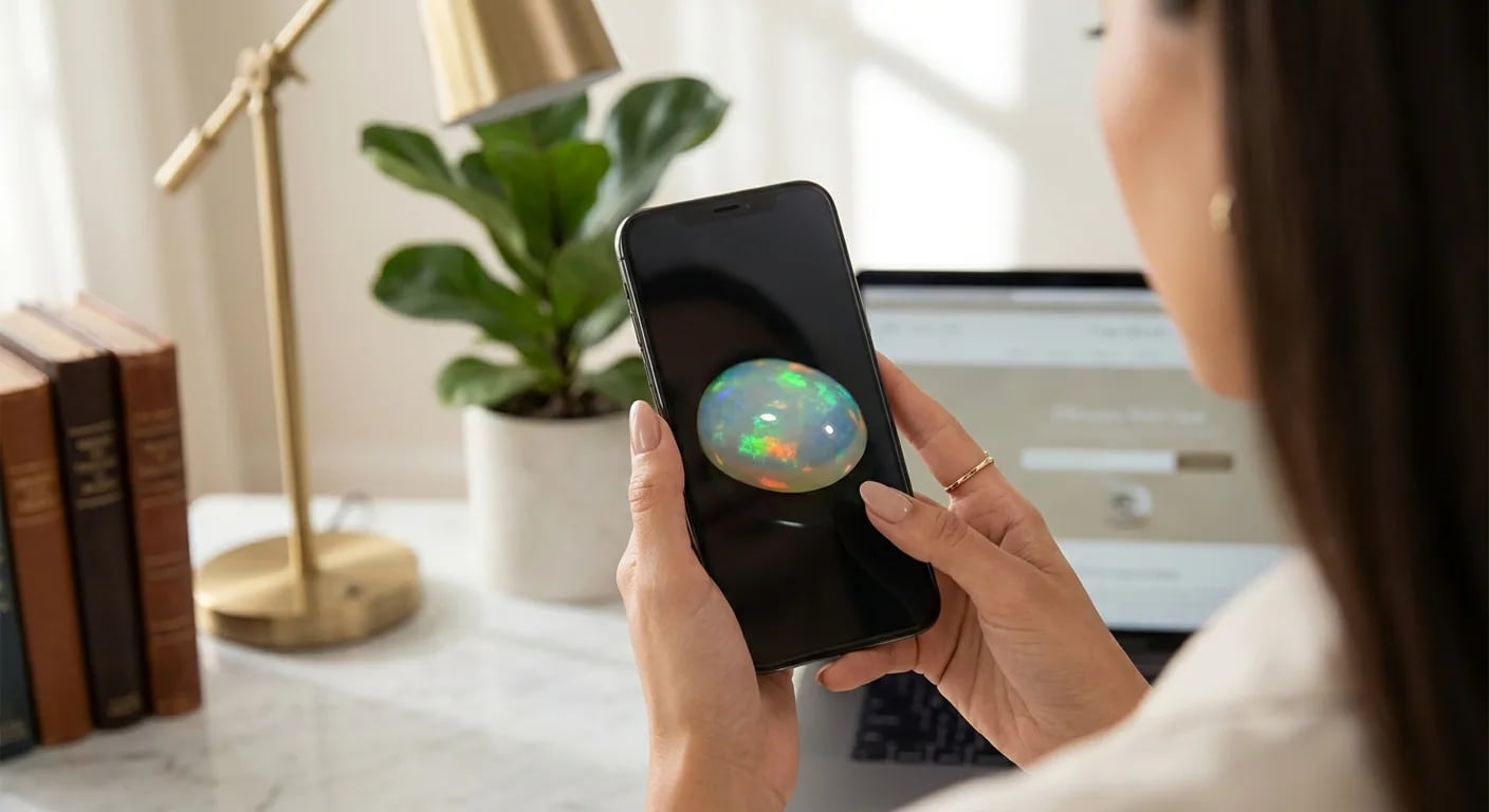 Une personne utilisant un smartphone pour regarder une vidéo d'opale, démontrant comment vérifier les gemmes en ligne comme conseillé dans le guide d'achat d'opale.