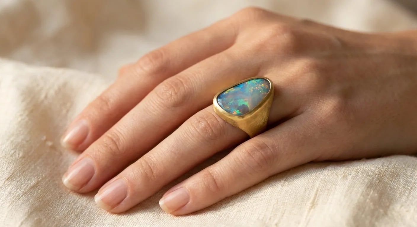 Gros plan de la main d'une femme portant une belle bague d'opale boulder dans un sertissage clos protecteur en or jaune, illustrant l'entretien approprié de l'opale et la conception de bijoux.