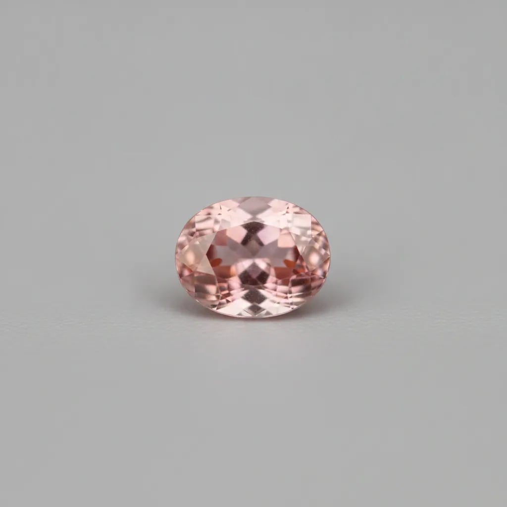 Macro of a single loose padparadscha sapphire showing the pastel pinkish-orange lotus-and-sunset color on a neutral surface
