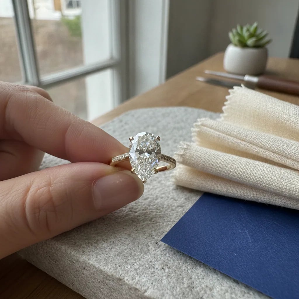 A pear cut diamond ring in yellow gold held between two fingers over a bench pad, with polishing cloths and setting tools on the workbench behind