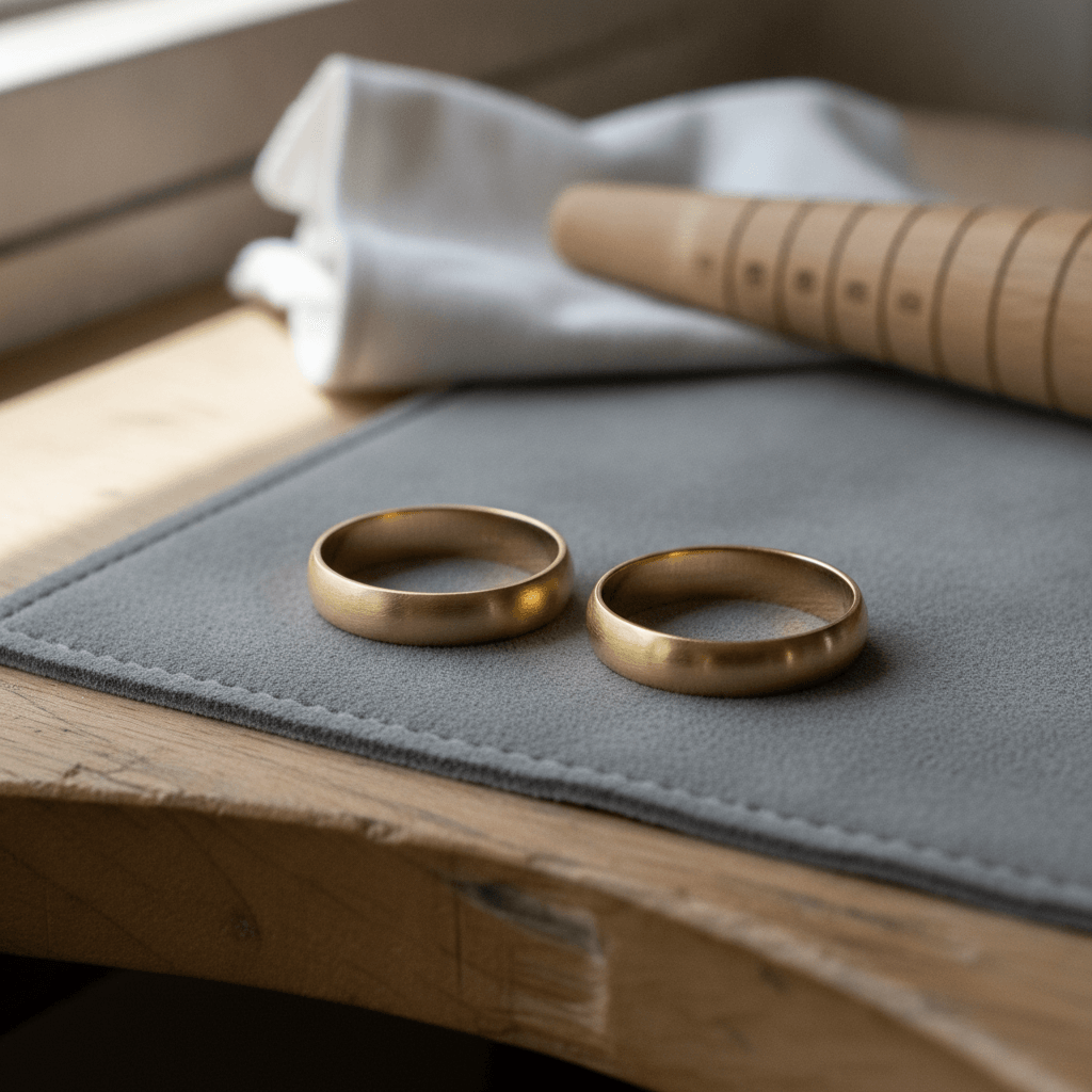 Two plain yellow gold ring bands side by side on a grey bench pad, with a wooden ring mandrel and a polishing cloth behind them