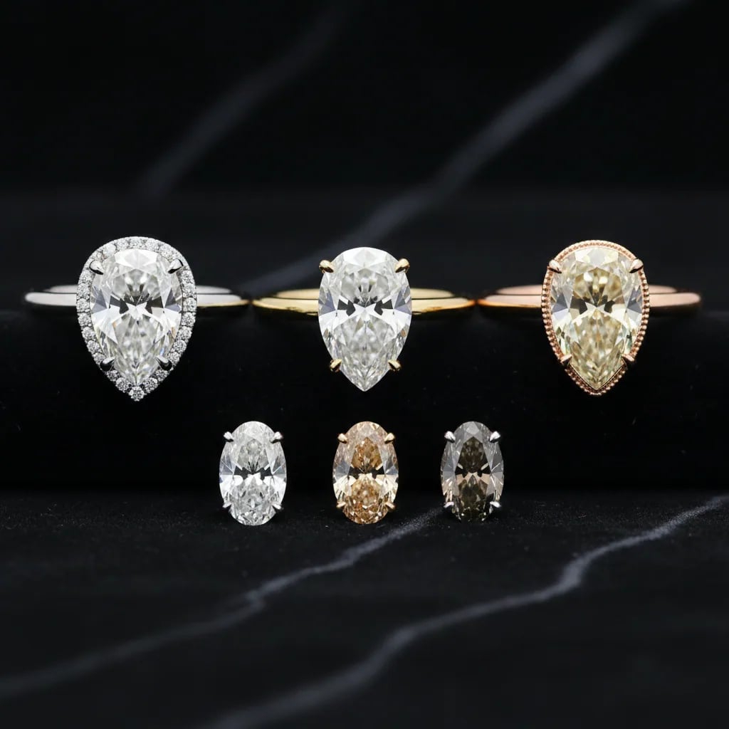 Three pear cut diamonds set in white, yellow and rose gold, showing how the metal shifts the apparent colour grade of each stone