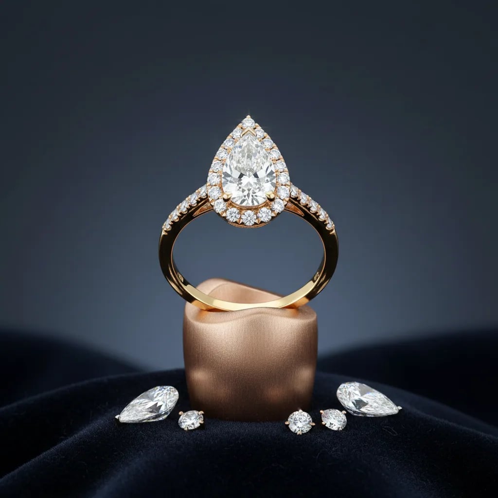 A pear cut diamond halo ring in yellow gold standing on a satin cushion, with loose pear and round diamonds in front of it