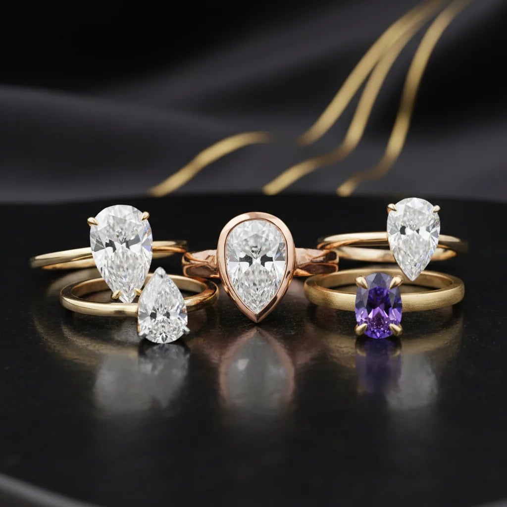 Five pear cut solitaire rings in yellow and rose gold on a dark tray, including a bezel set pear and one purple oval stone
