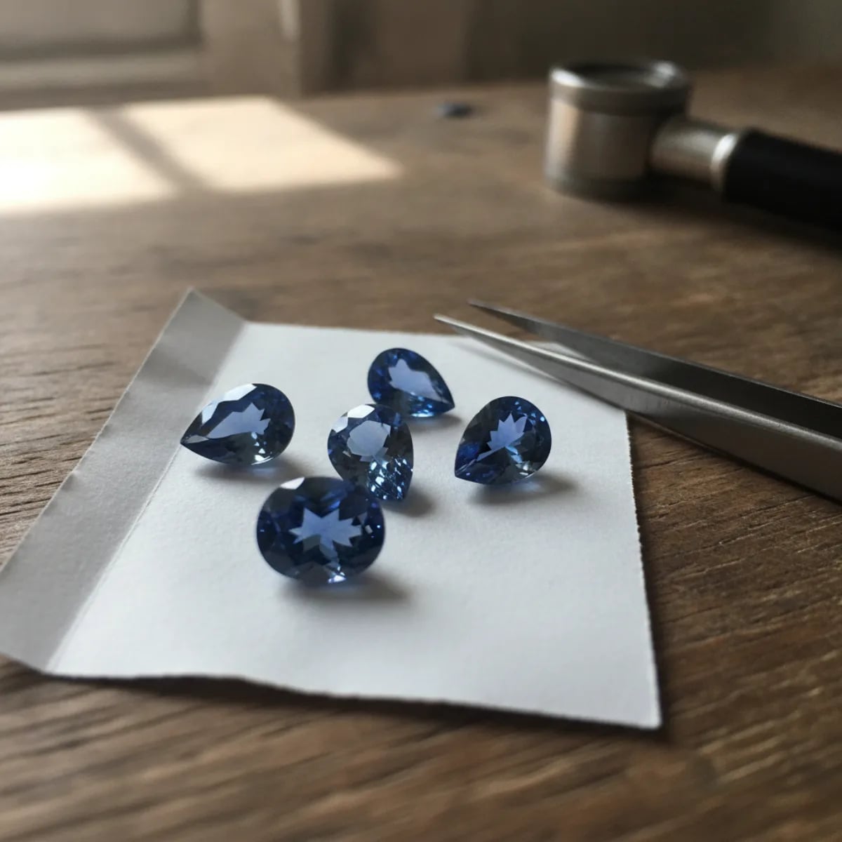 Five loose pear cut blue sapphires on folded white gem paper on a wooden workbench, with steel gemstone tweezers and a loupe beside them in window light