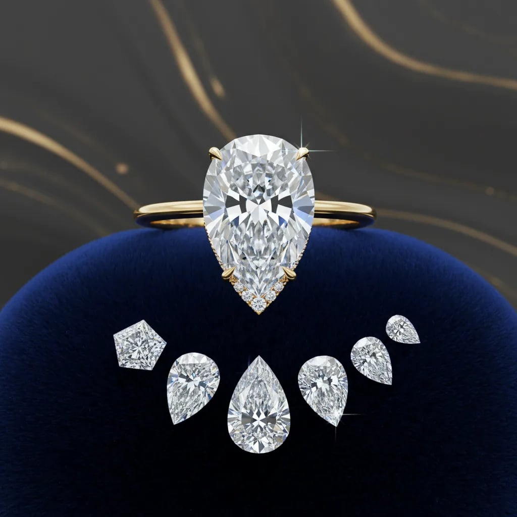 A pear cut diamond solitaire in yellow gold on blue velvet, above six loose pear cut stones of different length to width ratios