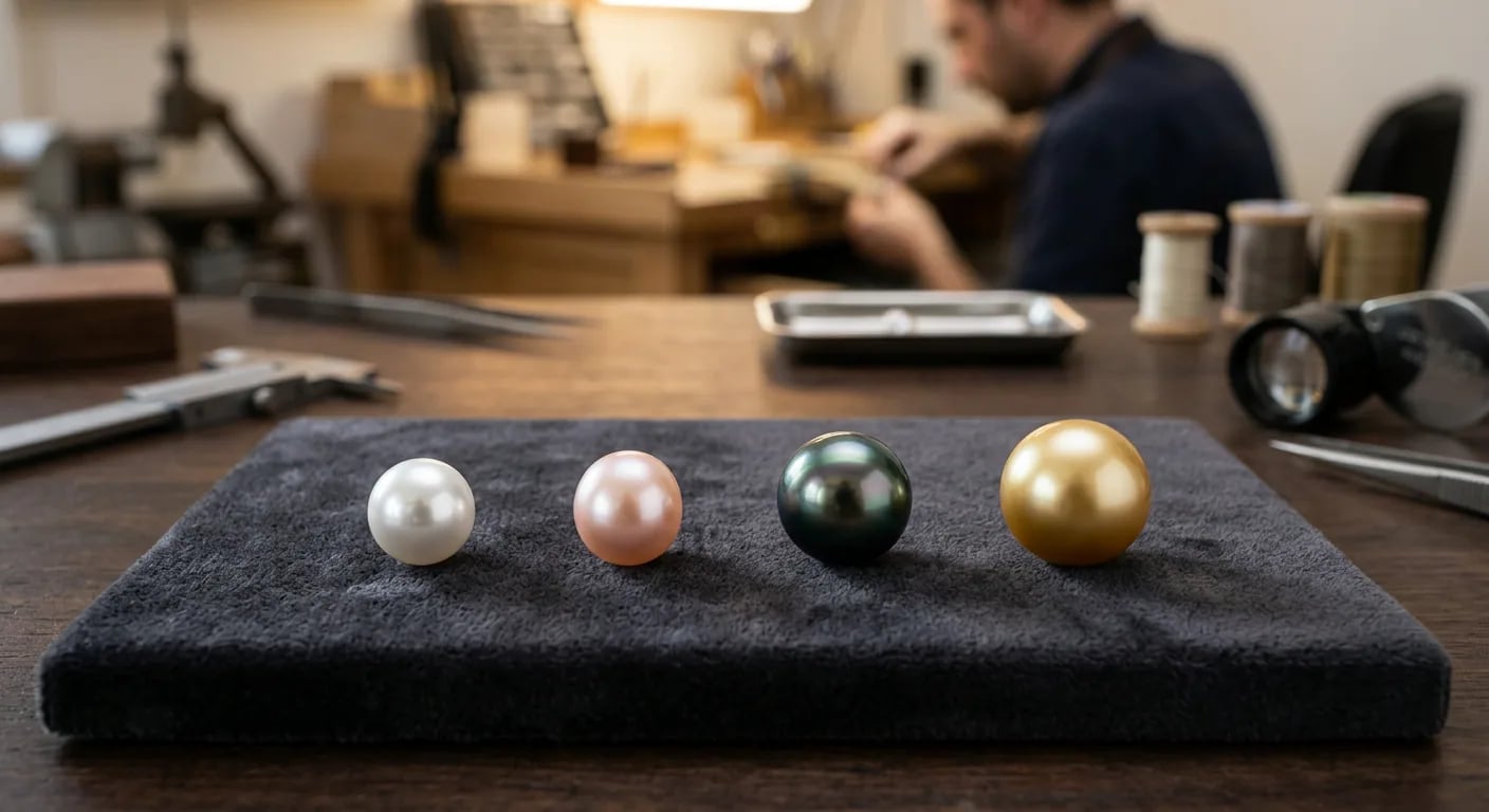 Four distinct types of loose pearls for necklaces displayed together: Akoya, Freshwater, Tahitian, and South Sea, showing variations in size, color, and luster.