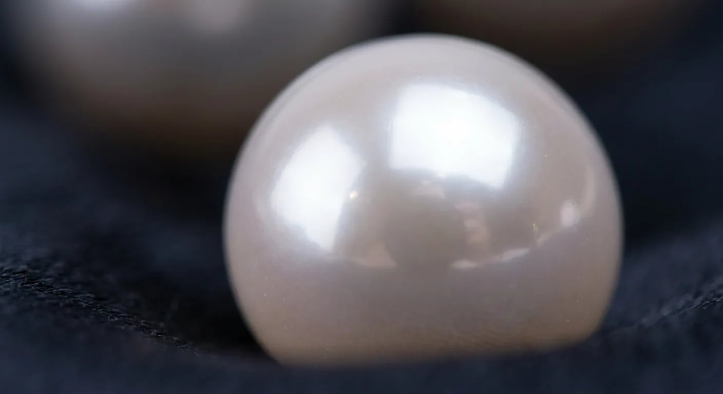An extreme close-up of a high-quality pearl for a necklace, illustrating exceptional luster and a clean surface, free of blemishes.