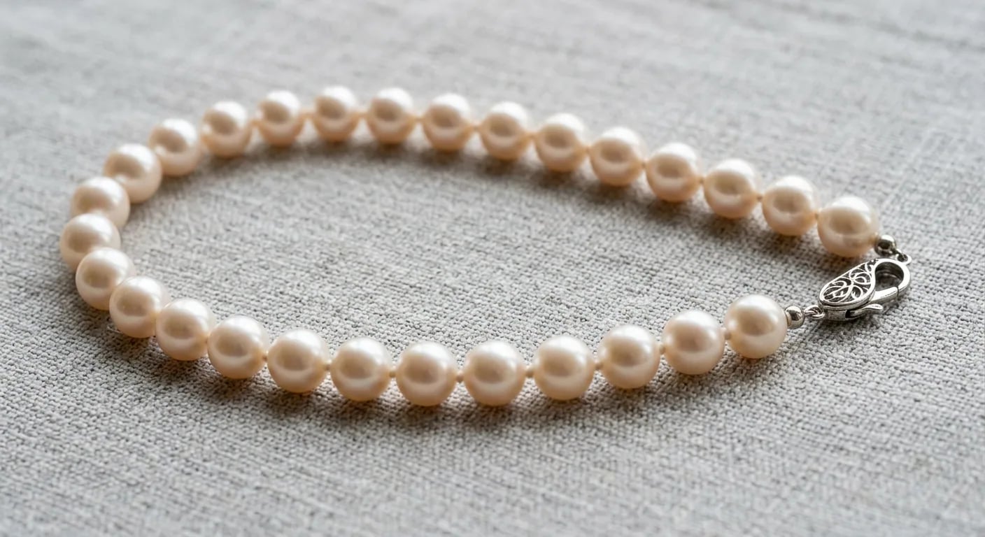 A close-up of a classic pearl strand necklace, showing perfectly matched Akoya pearls with consistent size, shape, and high luster.