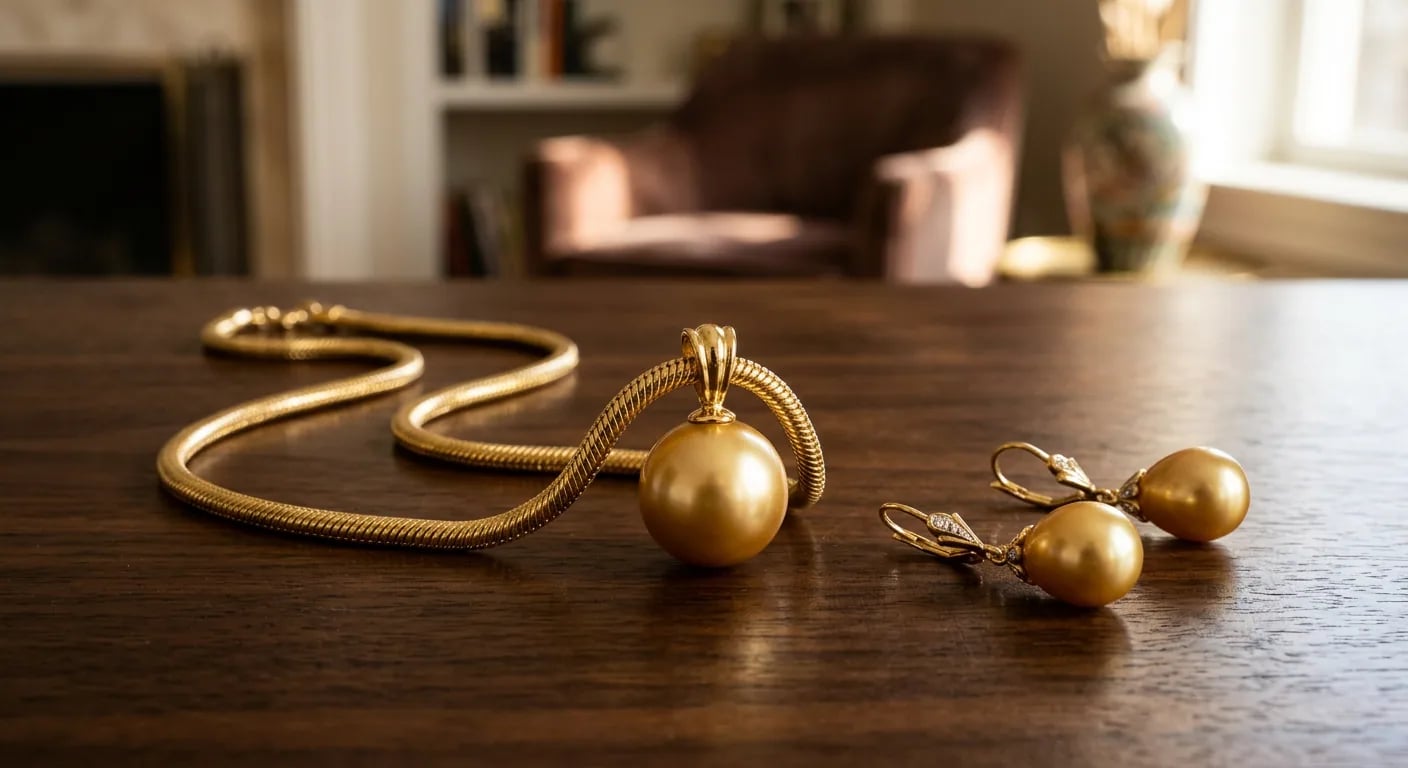 A luxury jewelry set featuring a large golden South Sea pearl pendant necklace and matching earrings, representing a high-end investment.