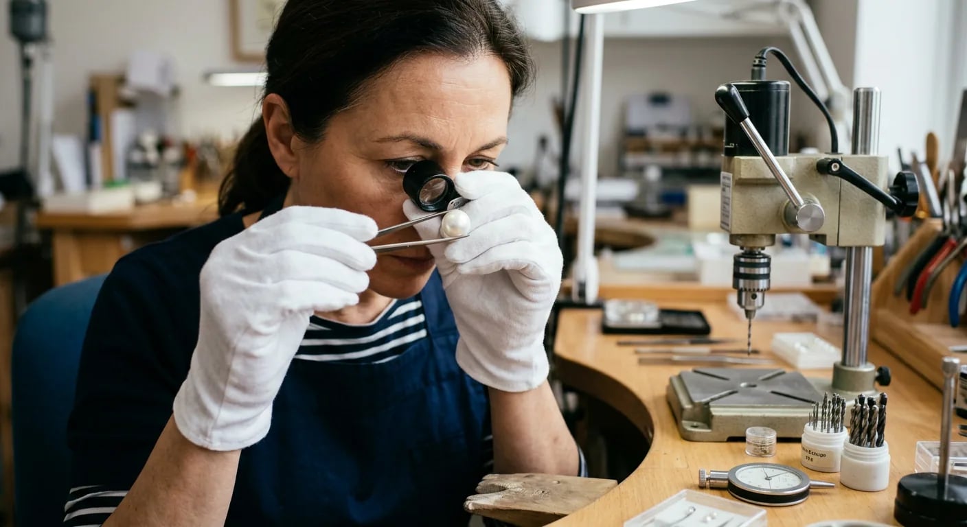A professional jeweler using a loupe to inspect a loose pearl for a necklace, determining the best placement for drilling.