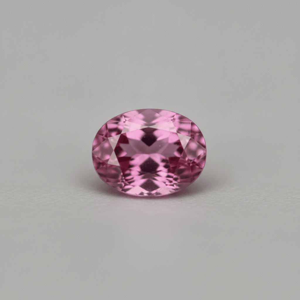 Macro of a single faceted vivid pink sapphire showing saturated color on a neutral surface