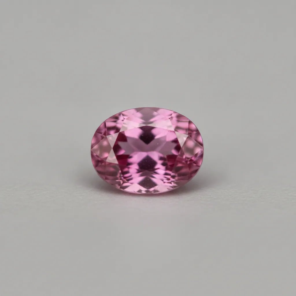 Macro of a single faceted vivid pink sapphire showing saturated color on a neutral surface