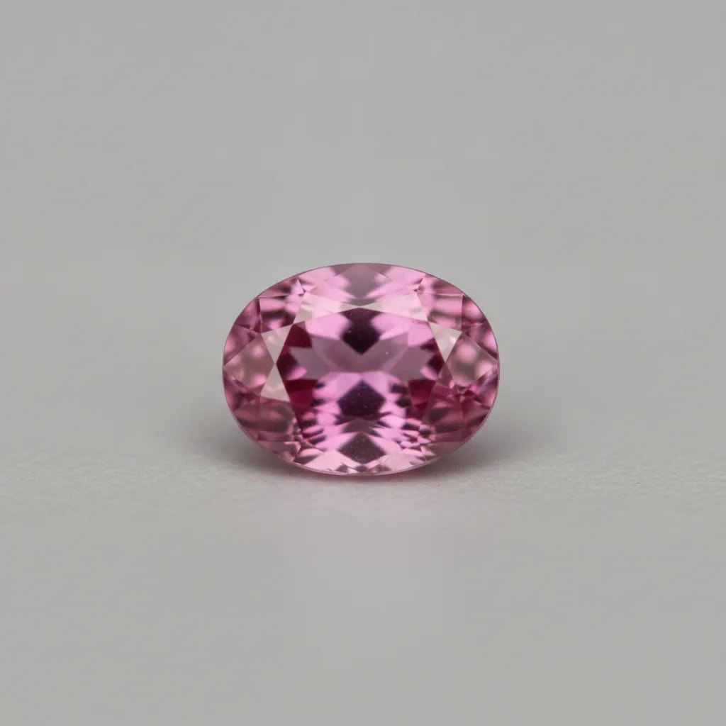 Macro of a single faceted vivid pink sapphire showing saturated color on a neutral surface
