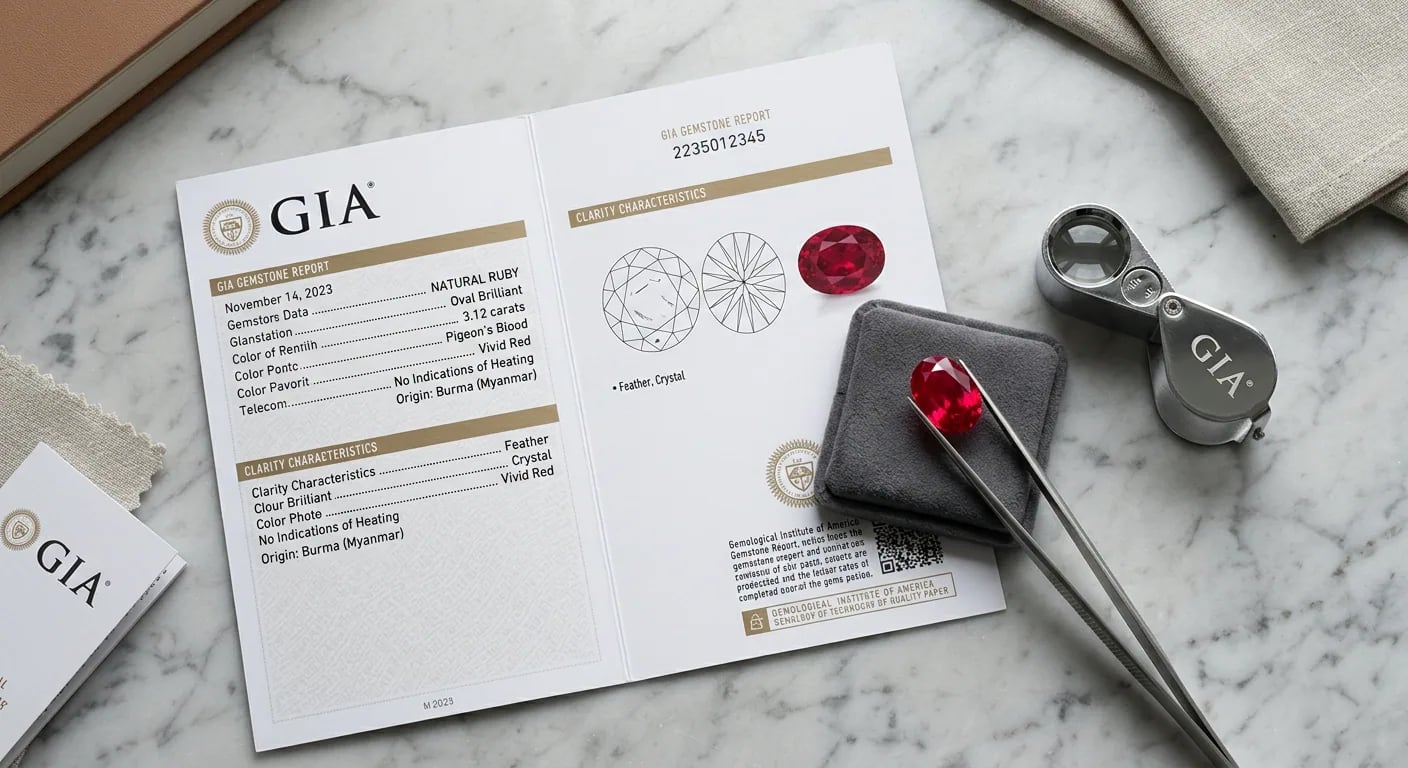 A GIA gemstone report detailing the characteristics of a precious stone gem, placed alongside a loose ruby and a jeweler's loupe.